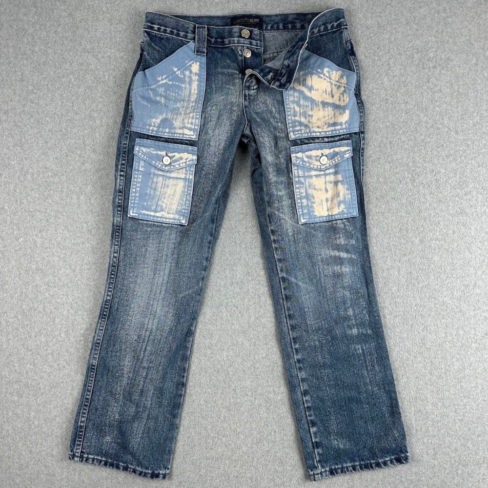 London Jean Women's Blue Denim Cargo Jeans‎ Size 8 Button Fly Y2K Shimmer